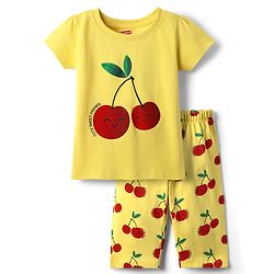 Babyhug 100% Cotton Knit Half Sleeves Capri Night Suit with Cherry Print - Yellow