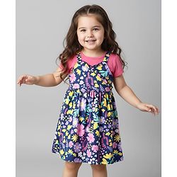 Babyhug Single Jersey Knit Half Sleeves Frock & Inner Tee with Floral Print - Pink & Navy Blue