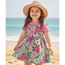 Babyhug Single Jersey Knit Half Sleeves Frock & Inner T-Shirt with Floral Print - Pink