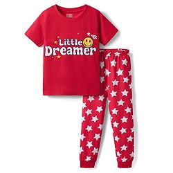 Babyhug Cotton Knit Half Sleeves Night Suit With Text & Star Print - Red
