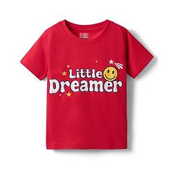 Babyhug Cotton Knit Half Sleeves Night Suit With Text & Star Print - Red