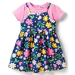 Babyhug Single Jersey Knit Half Sleeves Floral Printed Frock With Inner Tee - Navy Blue