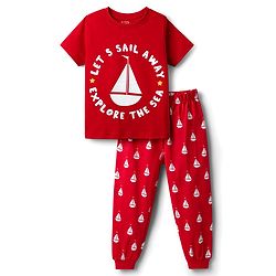 Babyhug Cotton Knit Half Sleeves Night Suit with Nautical Theme Print - Red