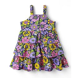 Babyhug Single Jersey Knit Sleeveless Frock With Floral Print - Navy Blue