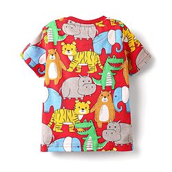 Babyhug Cotton Knit Half Sleeves Co-ords Night Suit With Animal Print - Red