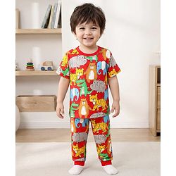 Babyhug Cotton Knit Half Sleeves Co-ords Night Suit With Animal Print - Red