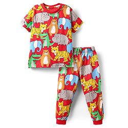 Babyhug Cotton Knit Half Sleeves Co-ords Night Suit With Animal Print - Red