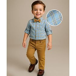 Babyhug Cotton Woven Full Sleeves Shirt & Trouser Set with Bow & Checks - Light Blue & Khaki