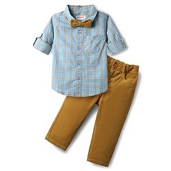 Babyhug Cotton Woven Full Sleeves Shirt & Trouser Set with Bow & Checks - Light Blue & Khaki