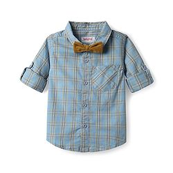 Babyhug Cotton Woven Full Sleeves Shirt & Trouser Set with Bow & Checks - Light Blue & Khaki