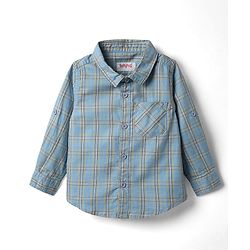 Babyhug Cotton Woven Full Sleeves Shirt & Trouser Set with Bow & Checks - Light Blue & Khaki
