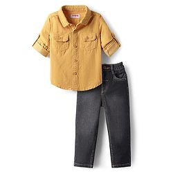 Babyhug Cotton Woven Full Sleeves Solid Shirt & Denim Jeans Set - Mustard & Blue