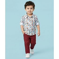 Babyhug Cotton Woven Full Sleeves Printed Shirt & Trouser Set - White & Red