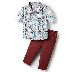 Babyhug Cotton Woven Full Sleeves Printed Shirt & Trouser Set - White & Red