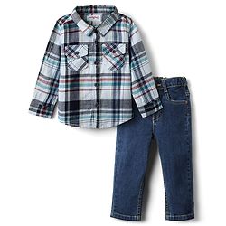 Babyhug Cotton Woven Full Sleeves Checkered Shirt & Denim Jeans Set - Navy Blue