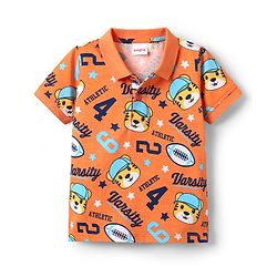 Babyhug 100% Cotton Knit Half Sleeves Polo T-Shirt with Animal Print - Orange