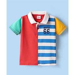 Babyhug Cotton Knit Half Sleeves Color Block Polo T-Shirt With Stripes  - White & Red
