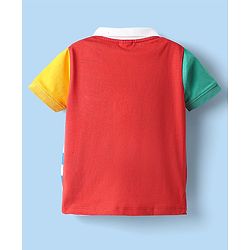Babyhug Cotton Knit Half Sleeves Color Block Polo T-Shirt With Stripes  - White & Red