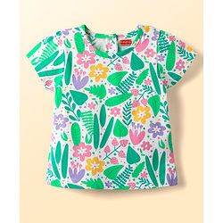 Babyhug Cotton Knit Half Sleeves Capri Co-ord Night Suit With Floral Print - White & Light Green
