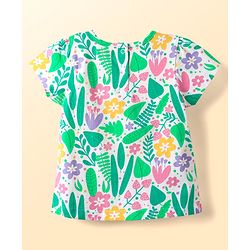 Babyhug Cotton Knit Half Sleeves Capri Co-ord Night Suit With Floral Print - White & Light Green