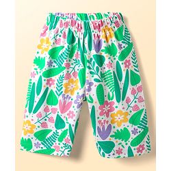 Babyhug Cotton Knit Half Sleeves Capri Co-ord Night Suit With Floral Print - White & Light Green
