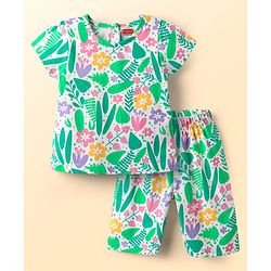 Babyhug Cotton Knit Half Sleeves Capri Co-ord Night Suit With Floral Print - White & Light Green