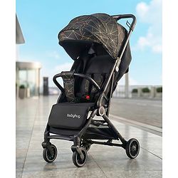 Babyhug Portable Baby Stroller with One-hand Z Compact Fold - Black| Pram for Newborn| Concealed Linked Brake| Swivel Wheels| 5 point Safety Harness| Air Cabin Friendly|