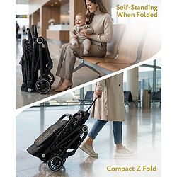 Babyhug Portable Baby Stroller with One-hand Z Compact Fold - Black| Pram for Newborn| Concealed Linked Brake| Swivel Wheels| 5 point Safety Harness| Air Cabin Friendly|