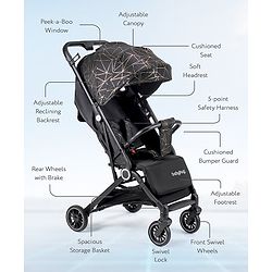 Babyhug Portable Baby Stroller with One-hand Z Compact Fold - Black| Pram for Newborn| Concealed Linked Brake| Swivel Wheels| 5 point Safety Harness| Air Cabin Friendly|