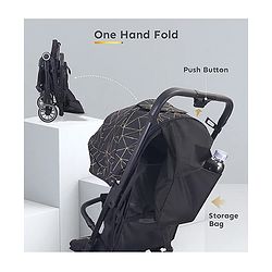 Babyhug Portable Baby Stroller with One-hand Z Compact Fold - Black| Pram for Newborn| Concealed Linked Brake| Swivel Wheels| 5 point Safety Harness| Air Cabin Friendly|