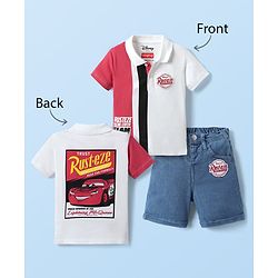 Babyhug Disney Single Jersey Knit Half Sleeve Polo T-Shirt and Shorts with  Front & Back Cars Graphics - White Red  & Blue