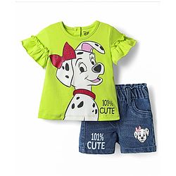 Babyhug Disney Single Jersey Knit Half Sleeves T-shirt & Short Set With 101 Dalmatians Graphics - Light Green