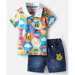 Babyhug Disney Single Jersey Knit Half Sleeves Polo T-Shirt & Denim Shorts Set with Suspender & Winnie the Pooh Graphics - Navy Blue & White