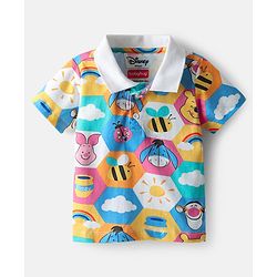 Babyhug Disney Single Jersey Knit Half Sleeves Polo T-Shirt & Denim Shorts Set with Suspender & Winnie the Pooh Graphics - Navy Blue & White
