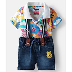 Babyhug Disney Single Jersey Knit Half Sleeves Polo T-Shirt & Denim Shorts Set with Suspender & Winnie the Pooh Graphics - Navy Blue & White