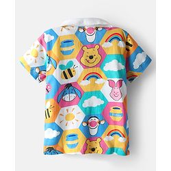 Babyhug Disney Single Jersey Knit Half Sleeves Polo T-Shirt & Denim Shorts Set with Suspender & Winnie the Pooh Graphics - Navy Blue & White