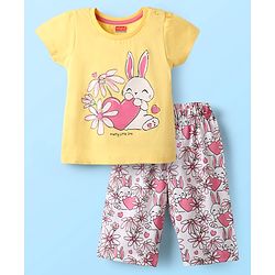 Babyhug Cotton Knit Half Sleeves Capri Night Suit With Bunny & Floral Print - Yellow