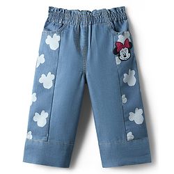 Babyhug Disney Denim Knit Full Length Jeans With Minnie Mouse Graphics - Light Blue