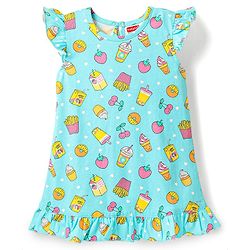 Babyhug Cotton Knit Frill Sleeves Nighty With Tropical Theme Print - Aqua