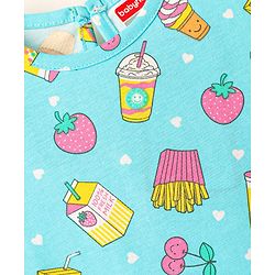 Babyhug Cotton Knit Frill Sleeves Nighty With Tropical Theme Print - Aqua