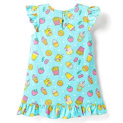 Babyhug Cotton Knit Frill Sleeves Nighty With Tropical Theme Print - Aqua