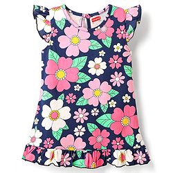 Babyhug Cotton Knit Frill Sleeves Nighty With Floral Print - Navy Blue
