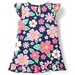 Babyhug Cotton Knit Frill Sleeves Nighty With Floral Print - Navy Blue
