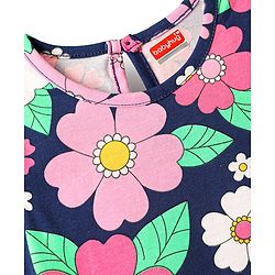 Babyhug Cotton Knit Frill Sleeves Nighty With Floral Print - Navy Blue