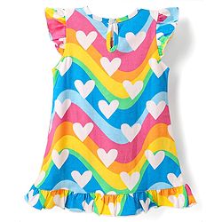 Babyhug Cotton Knit Cap Sleeves Nighty With Heart Print - Multicolor