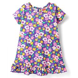 Babyhug Cotton Knit Half Sleeves Nighty With Floral Print - Purple