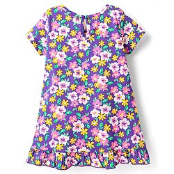 Babyhug Cotton Knit Half Sleeves Nighty With Floral Print - Purple