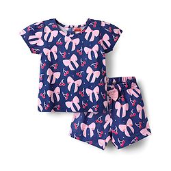 Babyhug Cotton Knit Half Sleeves Shorts Co-ord Night Suit With Bow - Navy Blue