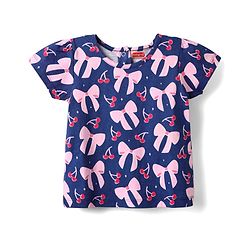 Babyhug Cotton Knit Half Sleeves Shorts Co-ord Night Suit With Bow - Navy Blue