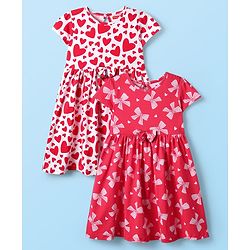 Babybug 100% Cotton Half Sleeves Hearts & Bow Printed Frocks With Bow Applique Pack Of 2 - Red